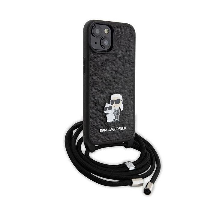 Dėklas Karl Lagerfeld Crossbody Saffiano Metalinis smeigtukas Karl&Choupette na iPhone 15 - Juodos spalvos