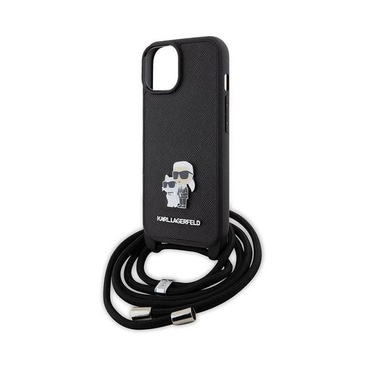 Dėklas Karl Lagerfeld Crossbody Saffiano Metalinis smeigtukas Karl&Choupette na iPhone 15 - Juodos spalvos