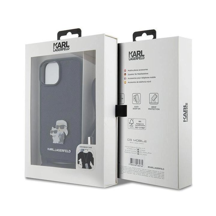 Dėklas Karl Lagerfeld Crossbody Saffiano Metalinis smeigtukas Karl&Choupette na iPhone 15 - Juodos spalvos