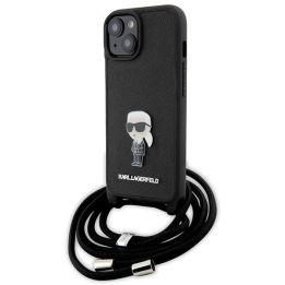 Dėklas Karl Lagerfeld Crossbody Saffiano Monogram Metal Pin Karl & Choupette na iPhone 15 - Juodos spalvos