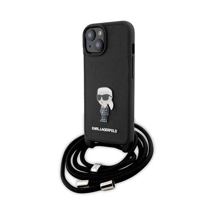 Dėklas Karl Lagerfeld Crossbody Saffiano Monogram Metal Pin Karl & Choupette na iPhone 15 - Juodos spalvos