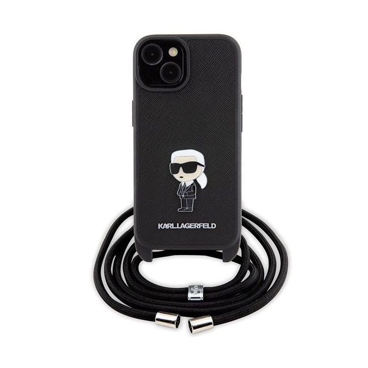 Dėklas Karl Lagerfeld Crossbody Saffiano Monogram Metal Pin Karl & Choupette na iPhone 15 - Juodos spalvos