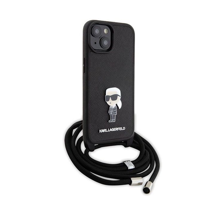 Dėklas Karl Lagerfeld Crossbody Saffiano Monogram Metal Pin Karl & Choupette na iPhone 15 - Juodos spalvos