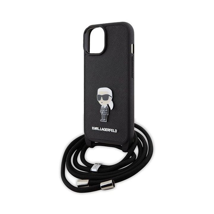 Dėklas Karl Lagerfeld Crossbody Saffiano Monogram Metal Pin Karl & Choupette na iPhone 15 - Juodos spalvos