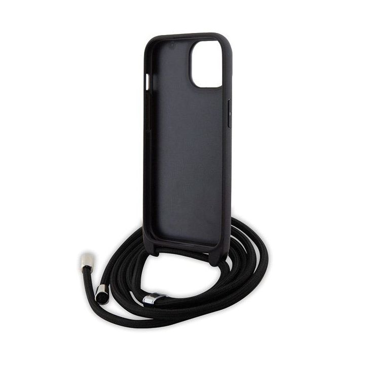 Dėklas Karl Lagerfeld Crossbody Saffiano Monogram Metal Pin Karl & Choupette na iPhone 15 - Juodos spalvos