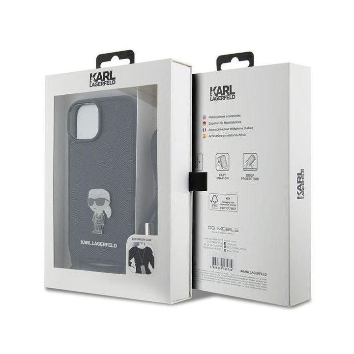 Dėklas Karl Lagerfeld Crossbody Saffiano Monogram Metal Pin Karl & Choupette na iPhone 15 - Juodos spalvos
