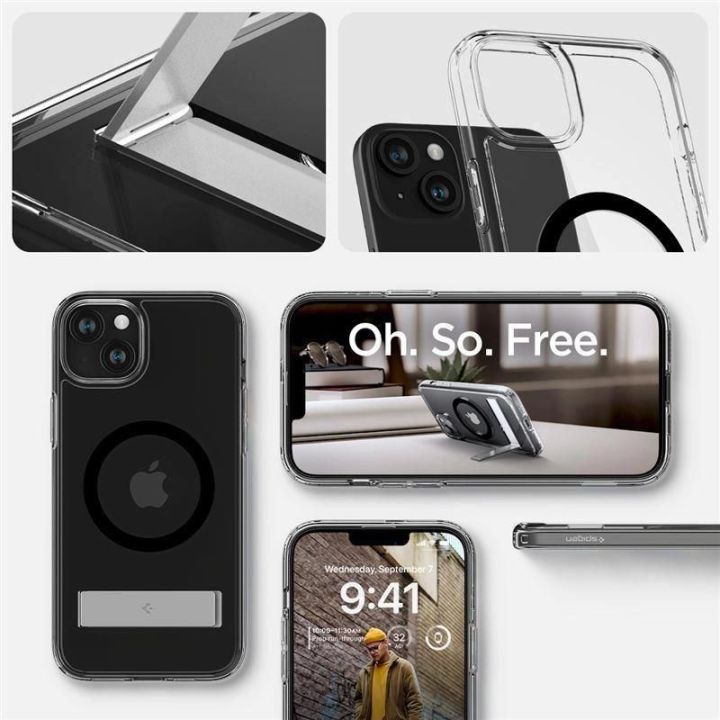 Spigen Ultra Hybrid S MagSafe dėklas su stovu iPhone 15 Plus - juodas