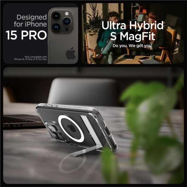 Spigen Ultra Hybrid S MagSafe dėklas su stovu iPhone 15 Pro - skaidrus