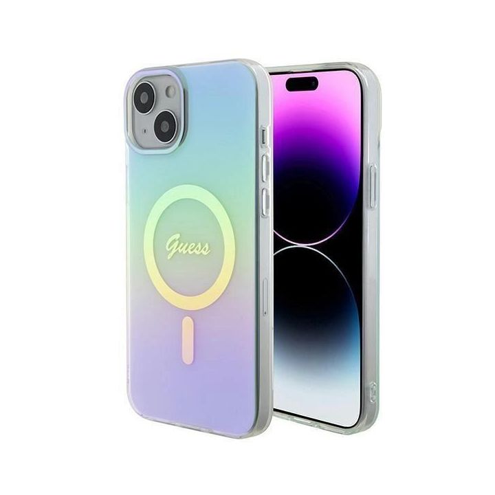 Guess IML Iridescent MagSafe dėklas iPhone 15 Plus - turkusowe