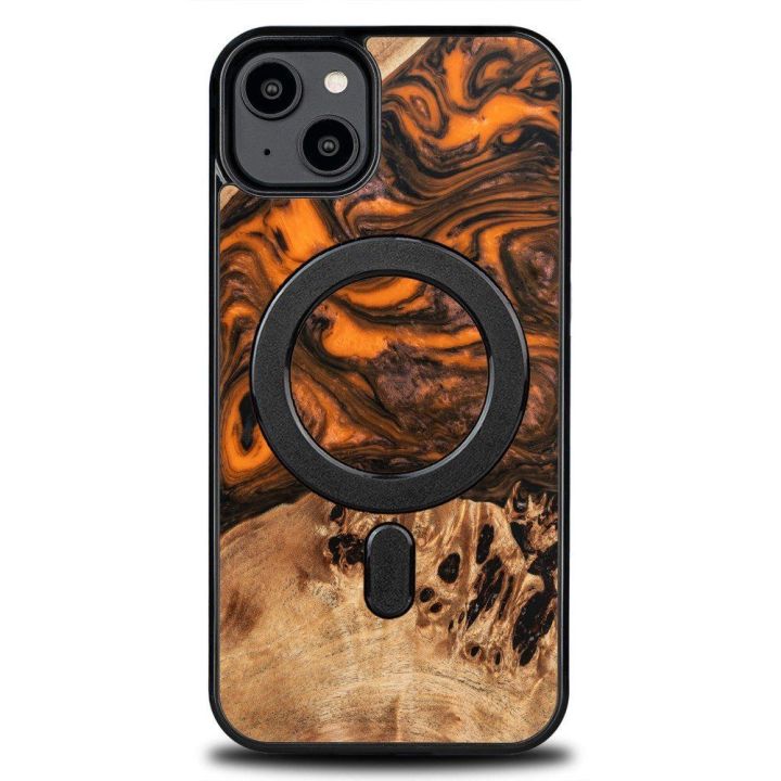 Medžio ir dervos dėklas iPhone 15 Plus MagSafe Bewood Unique Orange - oranžinis ir juodas