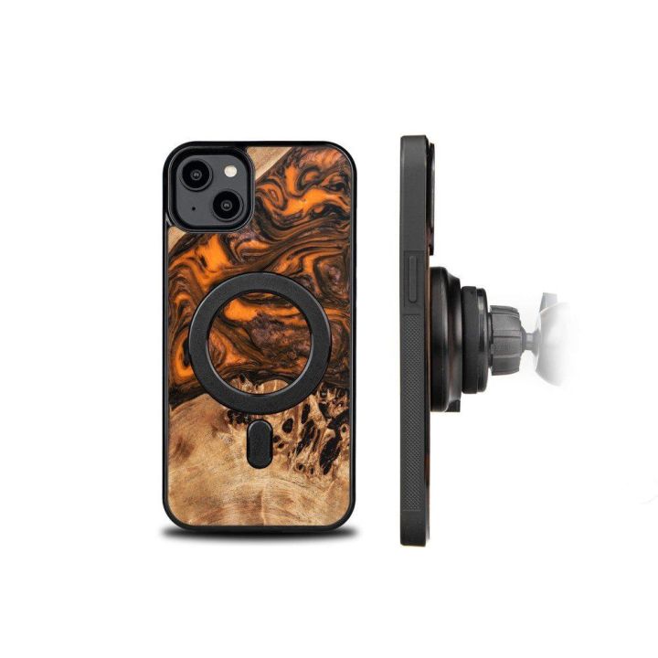 Medžio ir dervos dėklas iPhone 15 Plus MagSafe Bewood Unique Orange - oranžinis ir juodas