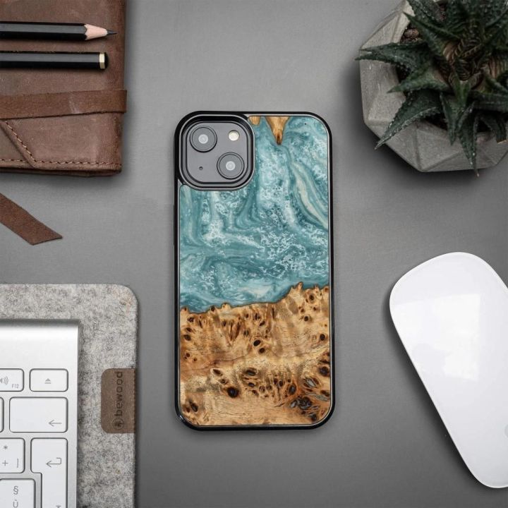 Bewood Unique Uranium medžio ir dervos dėklas iPhone 15 Plus - mėlynas ir baltas