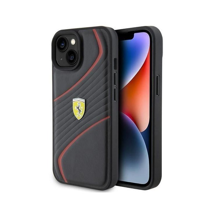 Ferrari Twist metalinis dėklas su logotipu iPhone 15 - juodas