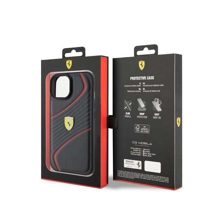 Ferrari Twist metalinis dėklas su logotipu iPhone 15 - juodas