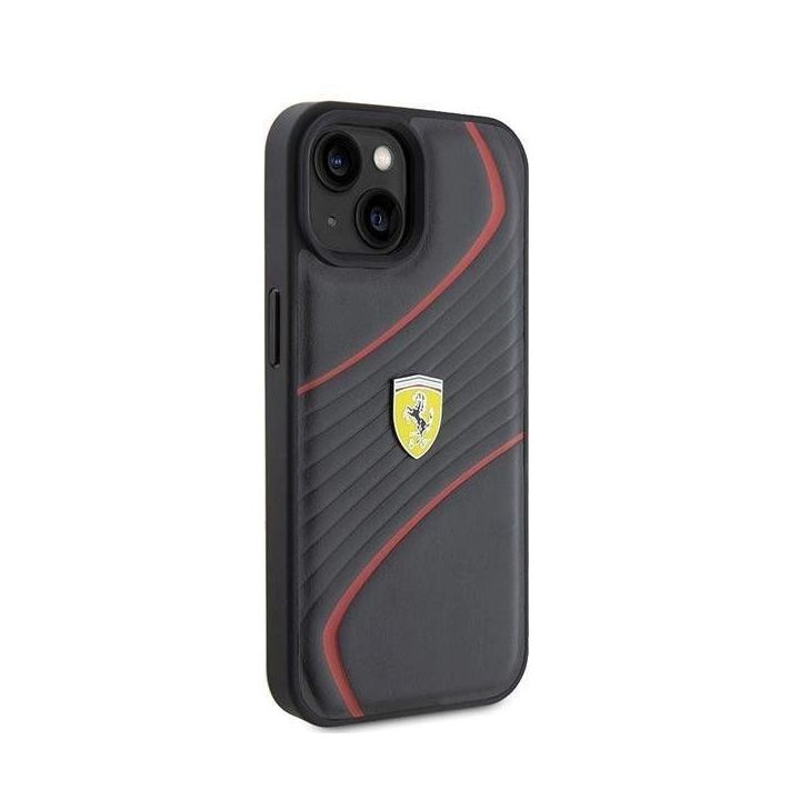 Ferrari Twist metalinis dėklas su logotipu iPhone 15 - juodas