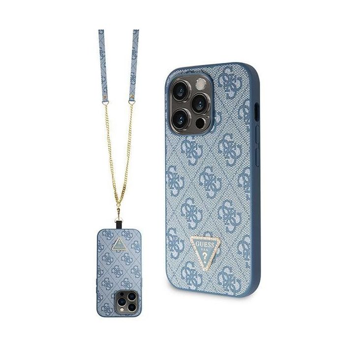 Guess Crossbody 4G metalinis dėklas su logotipu iPhone 14 Pro - mėlynas
