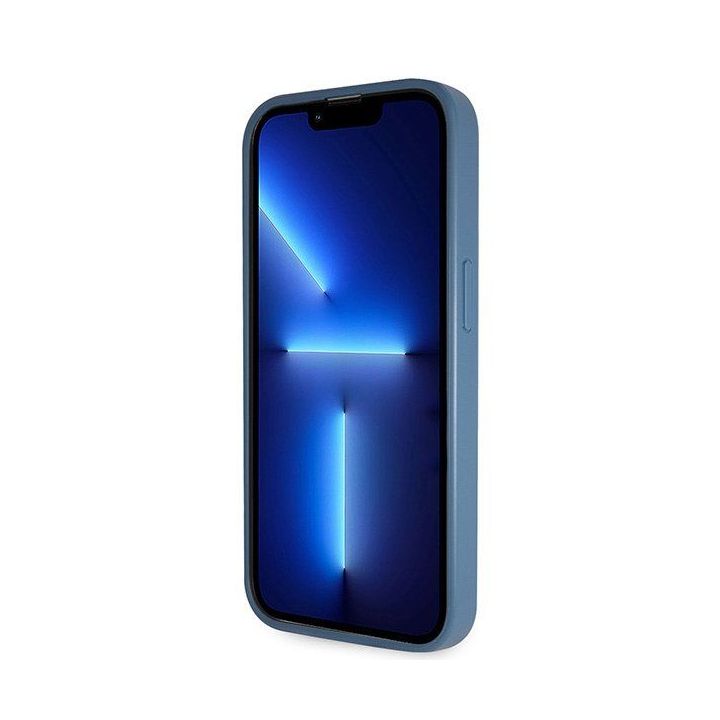Guess Crossbody 4G metalinis dėklas su logotipu iPhone 14 Pro - mėlynas