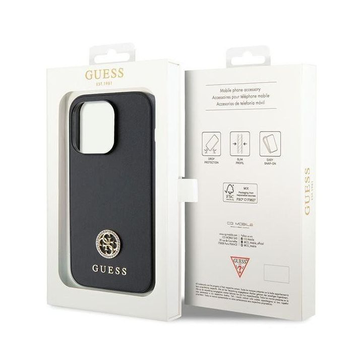 Dėklas Guess Strass Metal Logo do iPhone 15 Pro - juodos spalvos