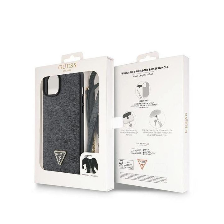 Guess Crossbody 4G metalinis dėklas su logotipu, skirtas iPhone 15 Plus - juodas