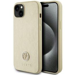 Guess Strass metalinis dėklas su iPhone 15 Plus logotipu - auksinis