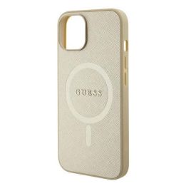 Guess Saffiano MagSafe dėklas iPhone 15 Plus - aukso spalvos