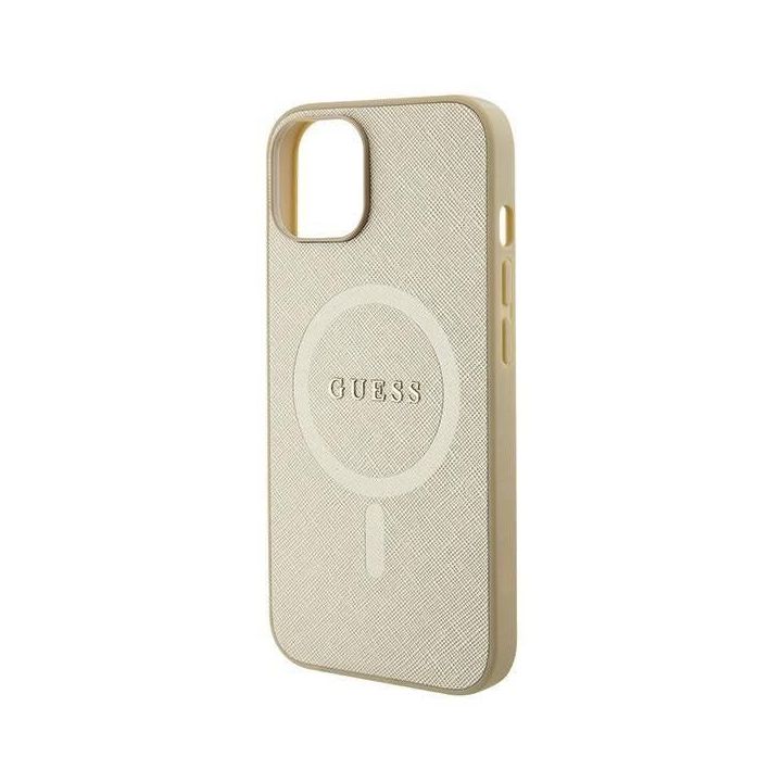 Guess Saffiano MagSafe dėklas iPhone 15 Plus - aukso spalvos