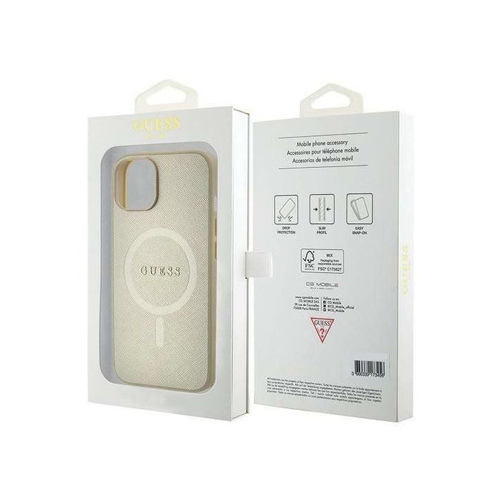 Guess Saffiano MagSafe dėklas iPhone 15 Plus - aukso spalvos