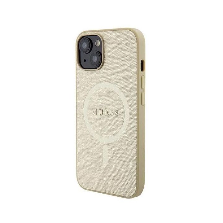 Guess Saffiano MagSafe dėklas iPhone 15 Plus - aukso spalvos