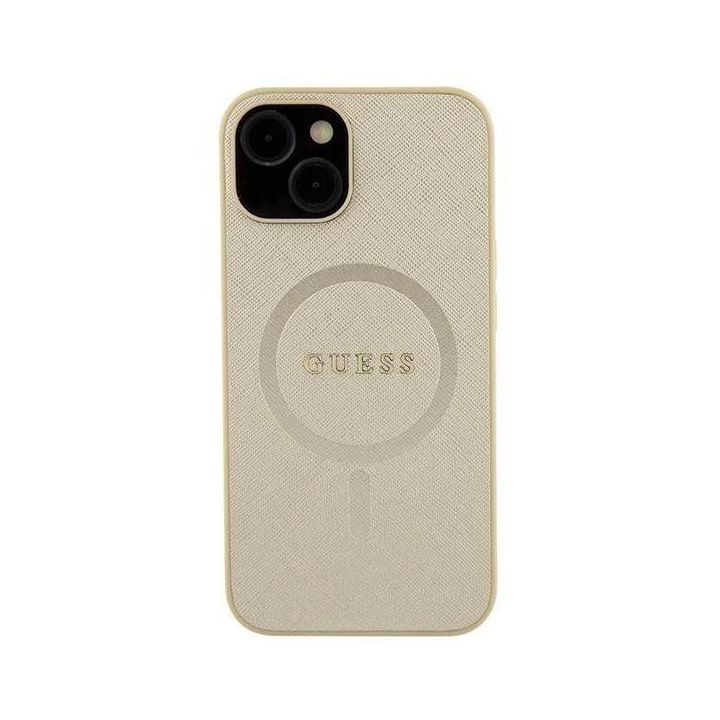 Guess Saffiano MagSafe dėklas iPhone 15 Plus - aukso spalvos