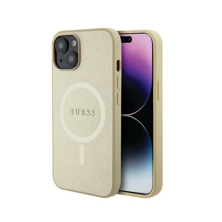 Guess Saffiano MagSafe dėklas iPhone 15 Plus - aukso spalvos