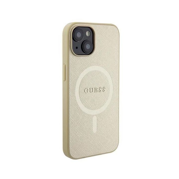 Guess Saffiano MagSafe dėklas iPhone 15 Plus - aukso spalvos