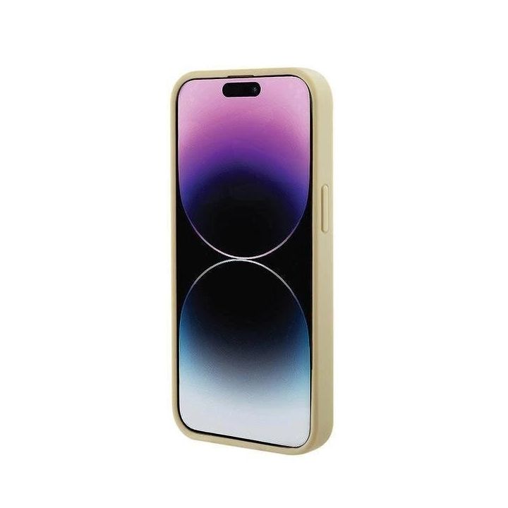 Guess Saffiano MagSafe dėklas iPhone 15 Plus - aukso spalvos