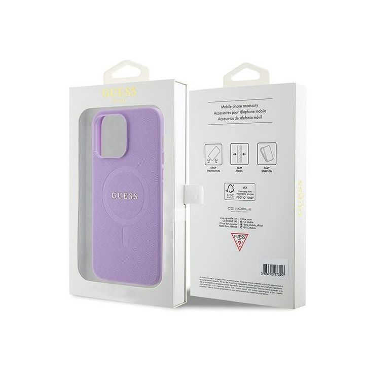 Guess Saffiano MagSafe saugiklis iPhone 15 Pro Max - fioletinės spalvos