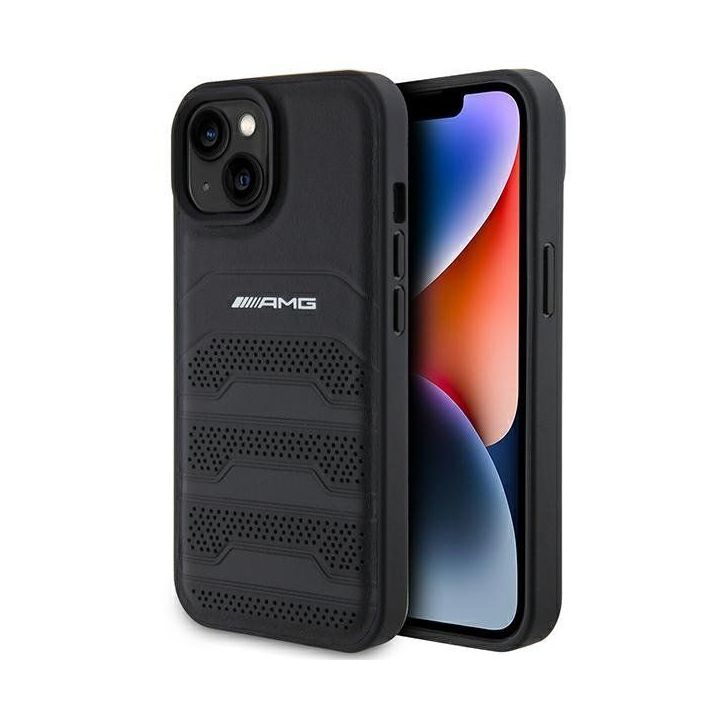 AMG Leather Debossed Lines dėklas iPhone 15 Plus - juodas