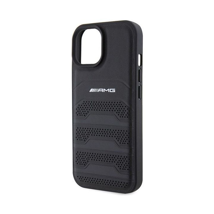 AMG Leather Debossed Lines dėklas iPhone 15 Plus - juodas