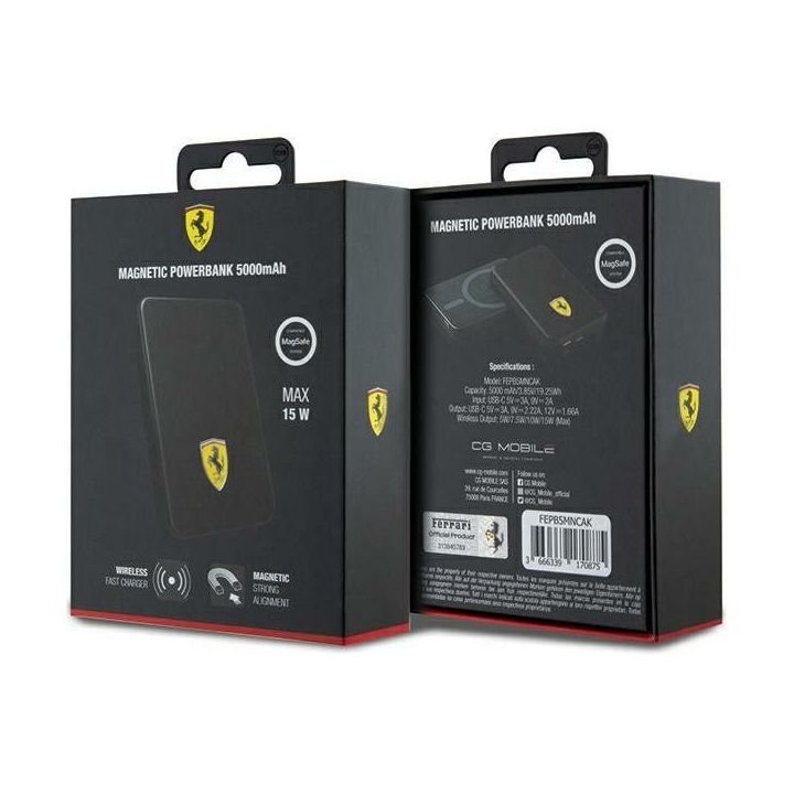 Powerbank Ferrari metalinis logotipas MagSafe 15W 5000mAh - juodas
