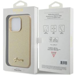 Guess Glitter Glossy Script dėklas iPhone 15 Pro - Auksinis