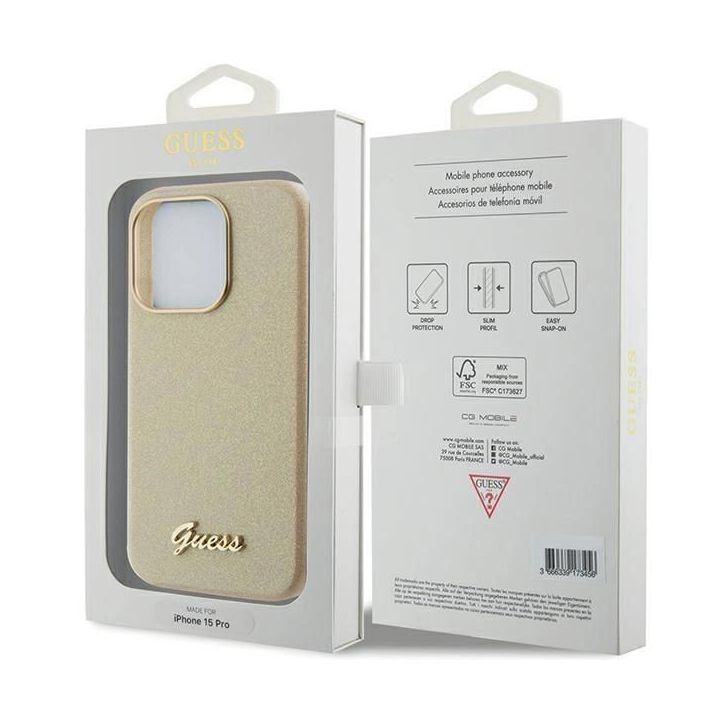 Guess Glitter Glossy Script dėklas iPhone 15 Pro - Auksinis