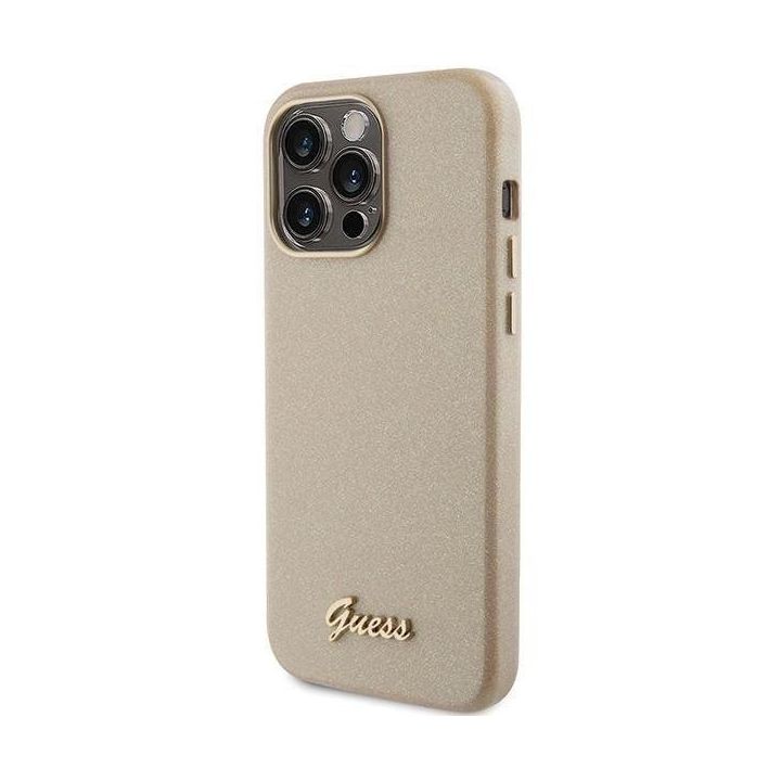 Guess Glitter Glossy Script dėklas iPhone 15 Pro - Auksinis