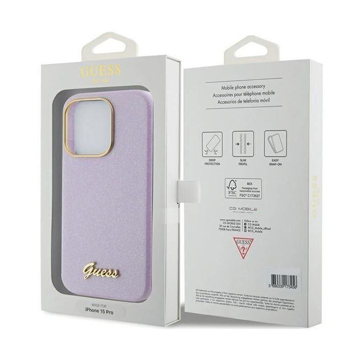 Guess Glitter Glossy Script dėklas iPhone 15 Pro - alyvinis