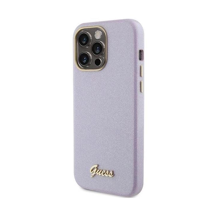 Guess Glitter Glossy Script dėklas iPhone 15 Pro - alyvinis