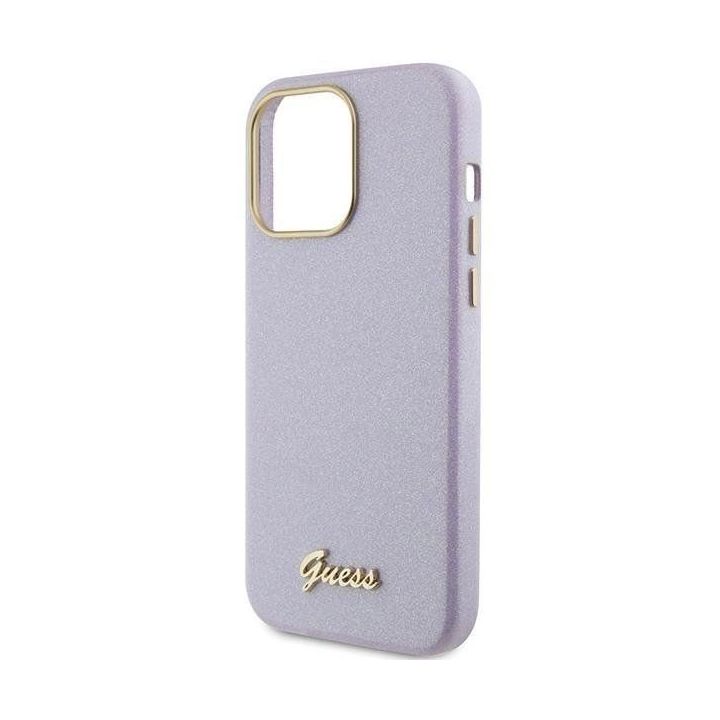 Guess Glitter Glossy Script dėklas iPhone 15 Pro - alyvinis