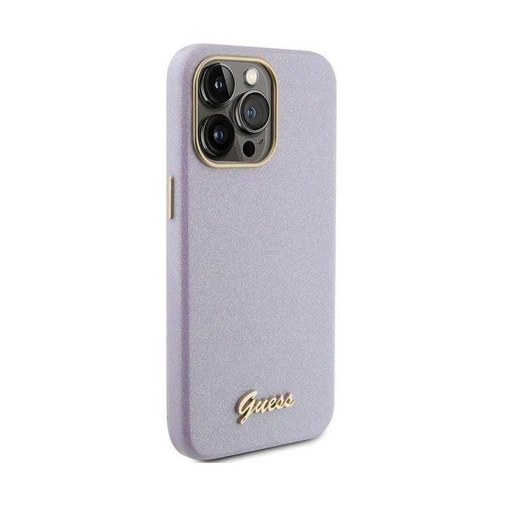 Guess Glitter Glossy Script dėklas iPhone 15 Pro - alyvinis