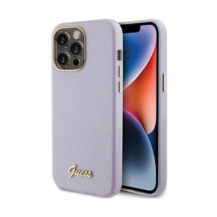 Guess Glitter Glossy Script dėklas iPhone 15 Pro - alyvinis