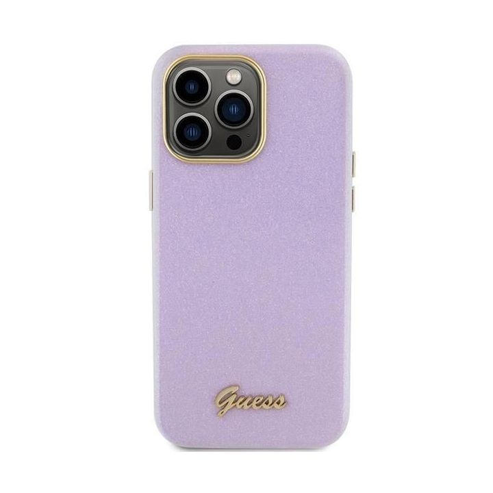 Guess Glitter Glossy Script dėklas iPhone 15 Pro - alyvinis
