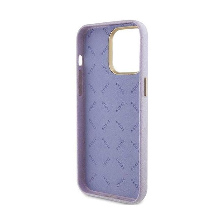 Guess Glitter Glossy Script dėklas iPhone 15 Pro - alyvinis