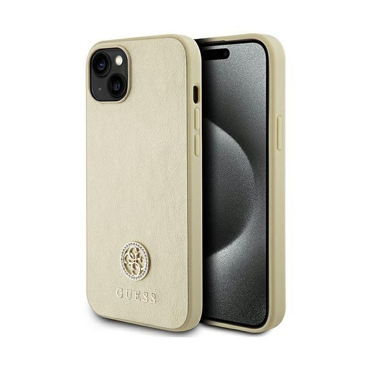 Guess odinis 4G metalinis dėklas su logotipu Strass iPhone 15 - auksinis
