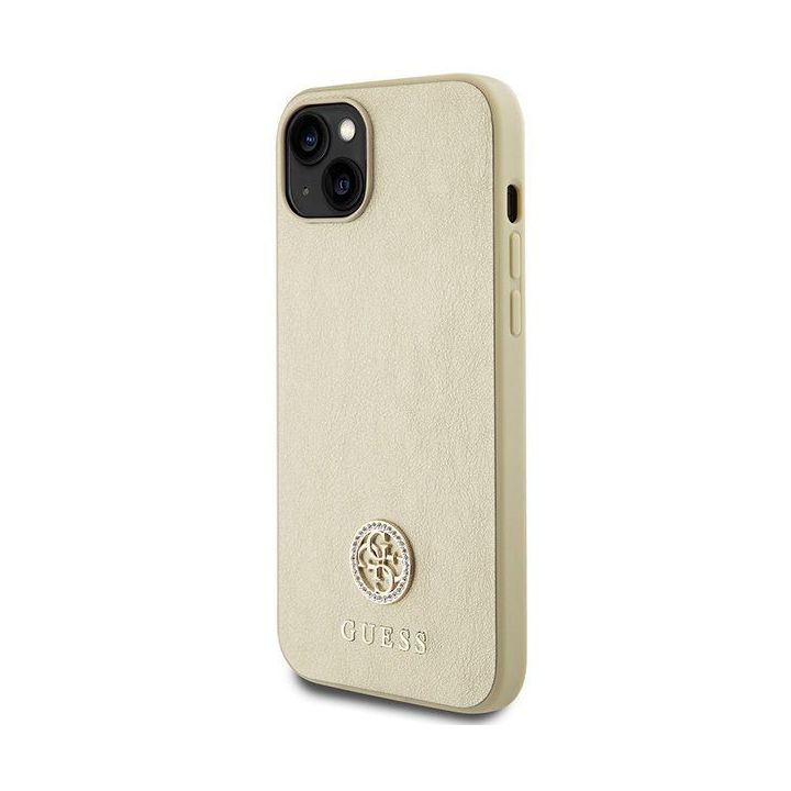 Guess odinis 4G metalinis dėklas su logotipu Strass iPhone 15 - auksinis