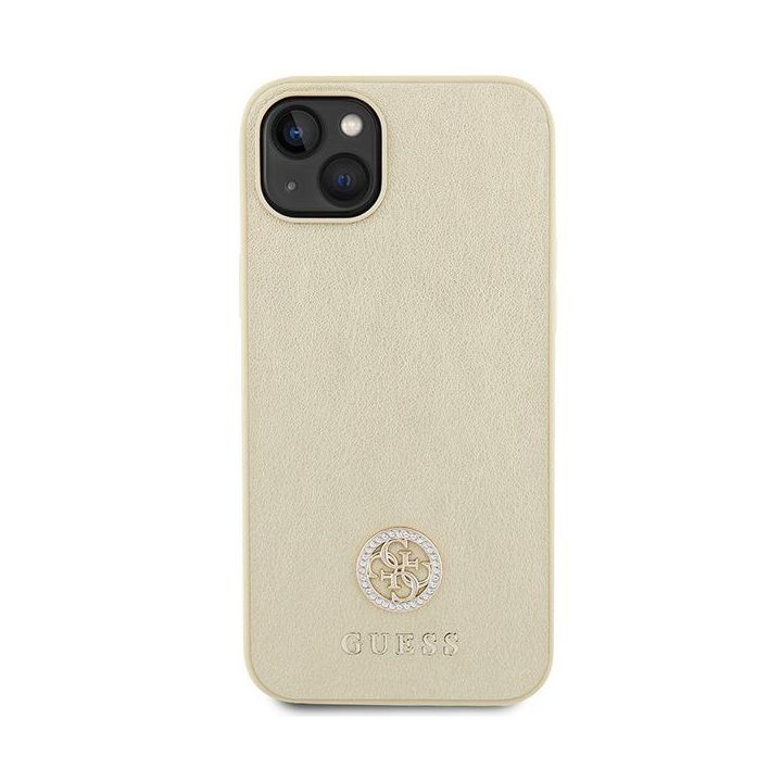 Guess odinis 4G metalinis dėklas su logotipu Strass iPhone 15 - auksinis