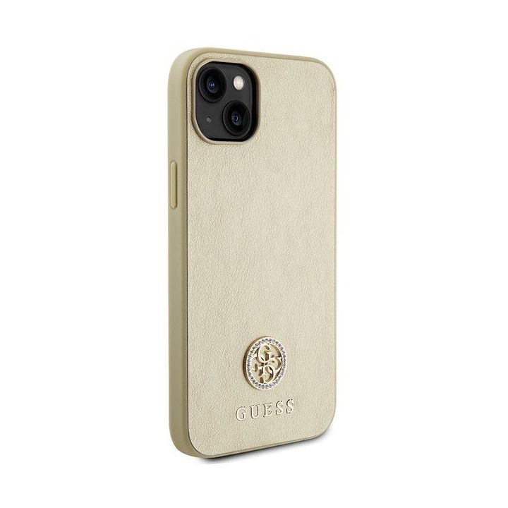 Guess odinis 4G metalinis dėklas su logotipu Strass iPhone 15 - auksinis